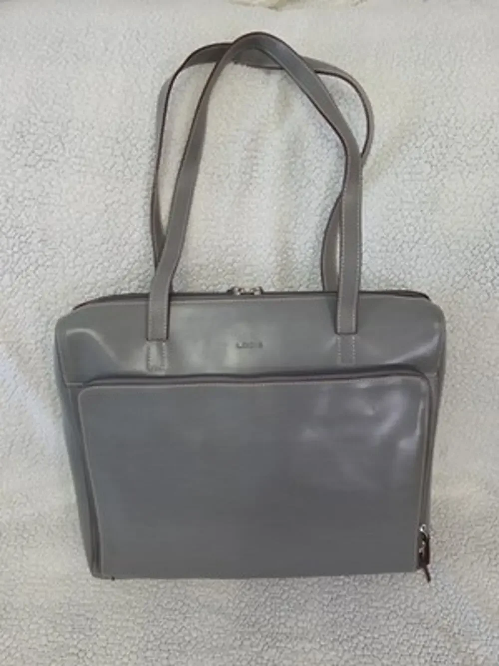 LODIS Leather Briefcase Laptop Work Tote Organizer Double Handles Gray Brown EUC